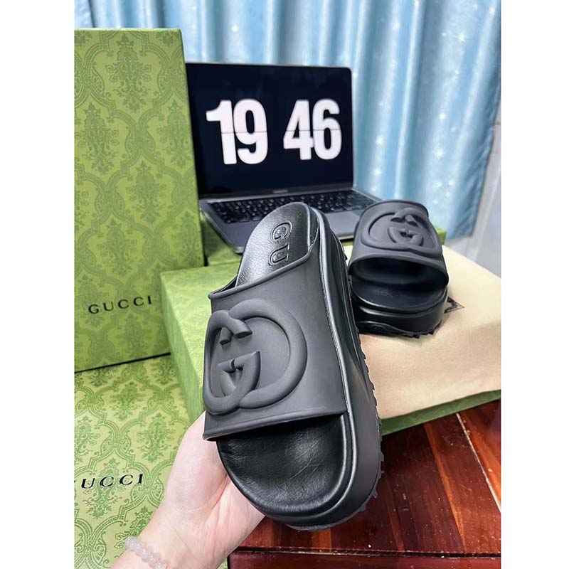 G*u*i women gg slide sandal interlocking g black rubber low heel