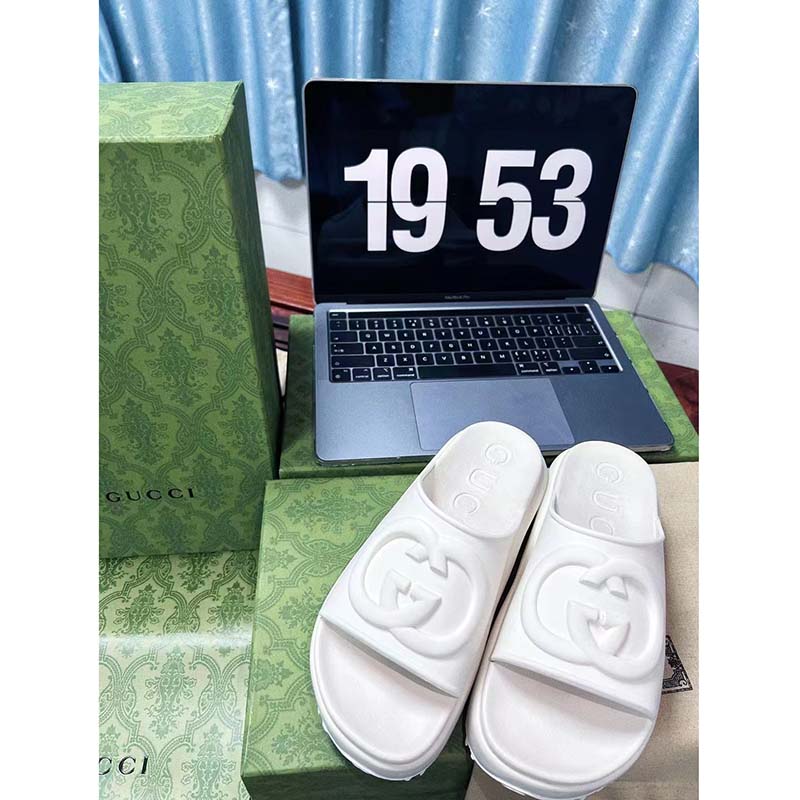 G*u*i women gg slide sandal interlocking g off white rubber low heel