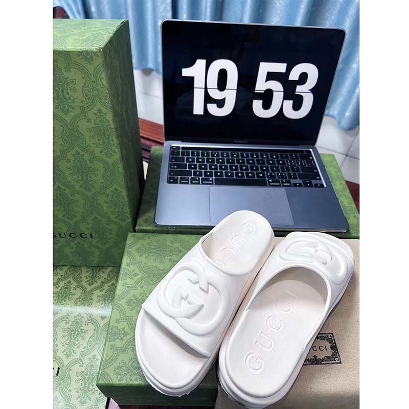 G*u*i women gg slide sandal interlocking g off white rubber low heel