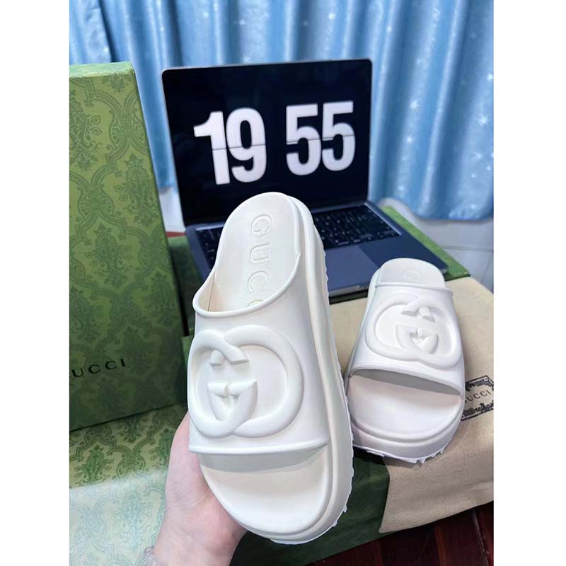 G*u*i women gg slide sandal interlocking g off white rubber low heel