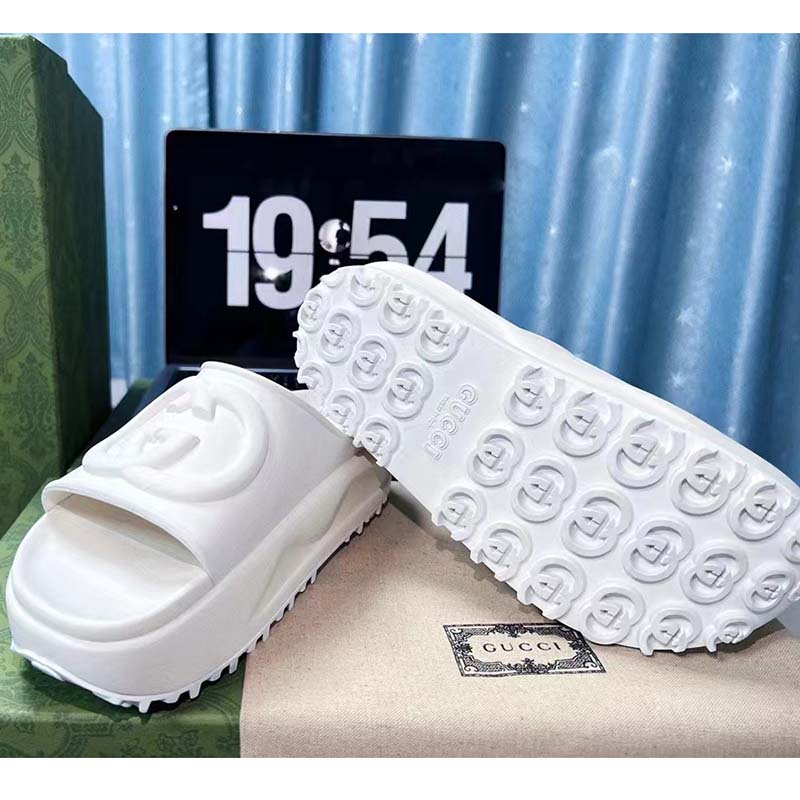G*u*i women gg slide sandal interlocking g off white rubber low heel