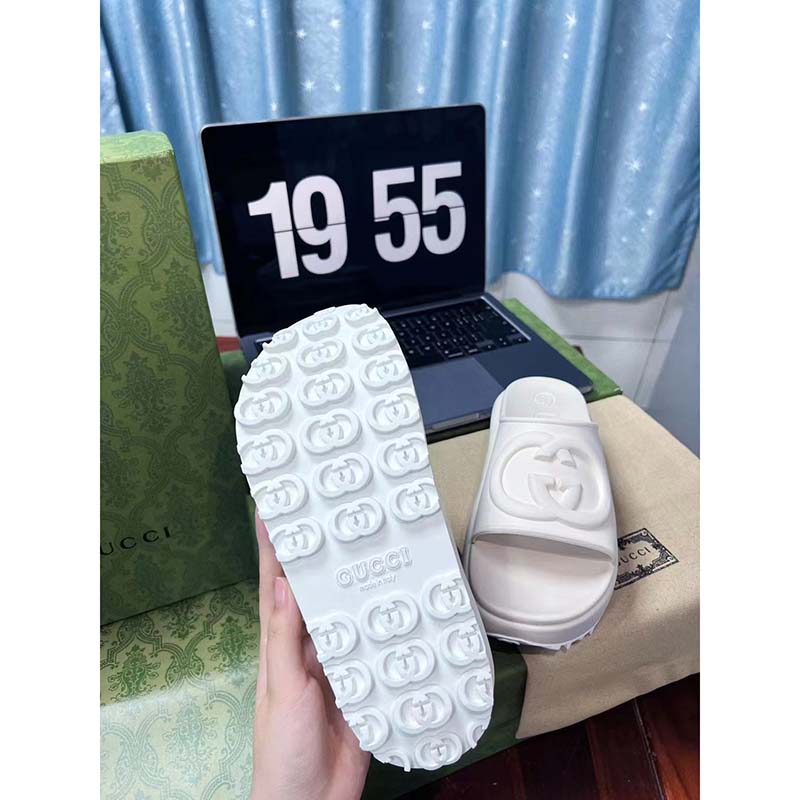 G*u*i women gg slide sandal interlocking g off white rubber low heel