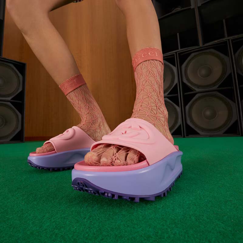 G*u*i women gg slide sandal interlocking g pink purple rubber low heel