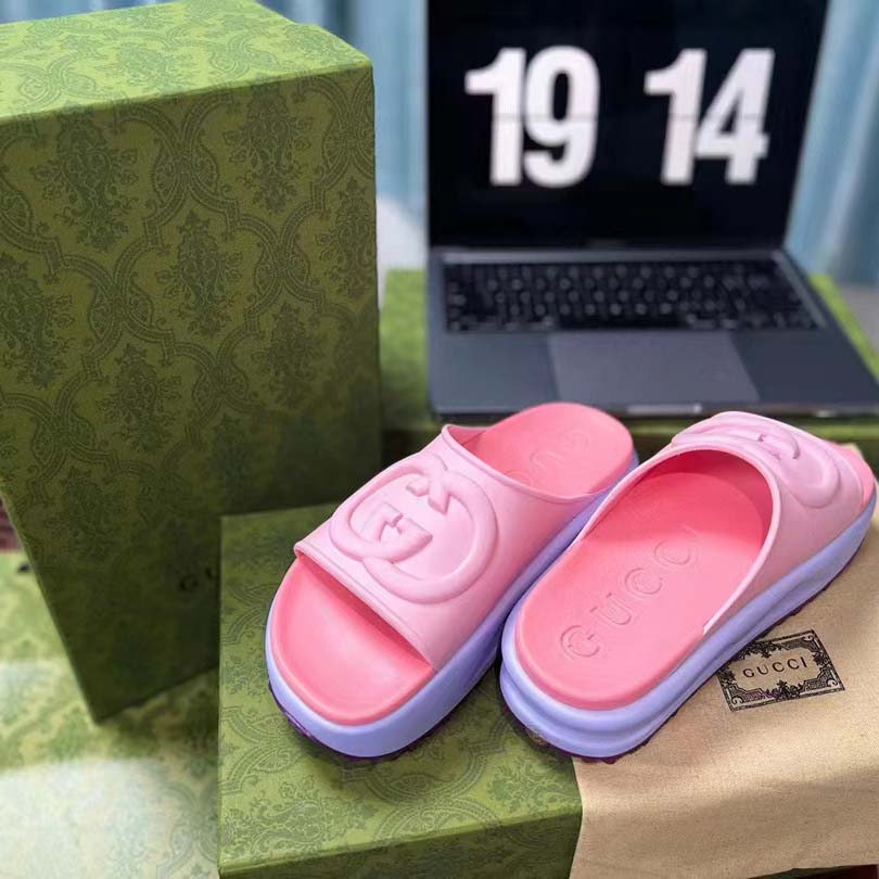 G*u*i women gg slide sandal interlocking g pink purple rubber low heel