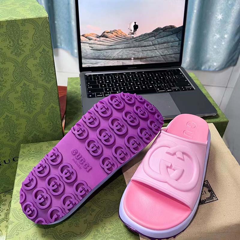 G*u*i women gg slide sandal interlocking g pink purple rubber low heel