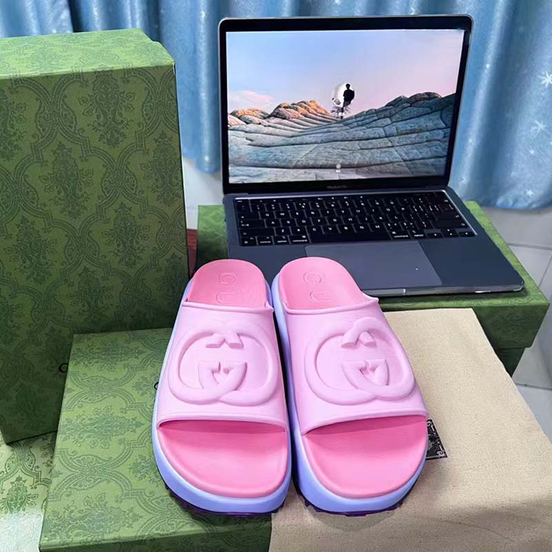 G*u*i women gg slide sandal interlocking g pink purple rubber low heel