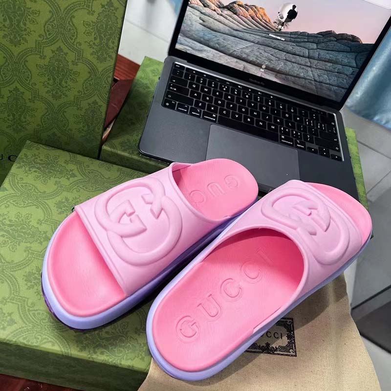 G*u*i women gg slide sandal interlocking g pink purple rubber low heel