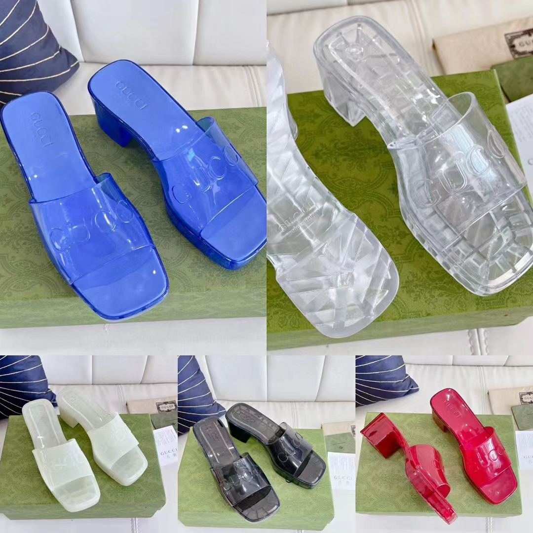 G*u*i women gg slide sandal logo blue transparent rubber 6 cm heel