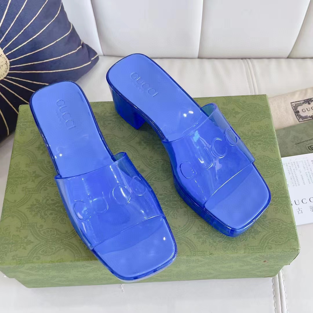 G*u*i women gg slide sandal logo blue transparent rubber 6 cm heel