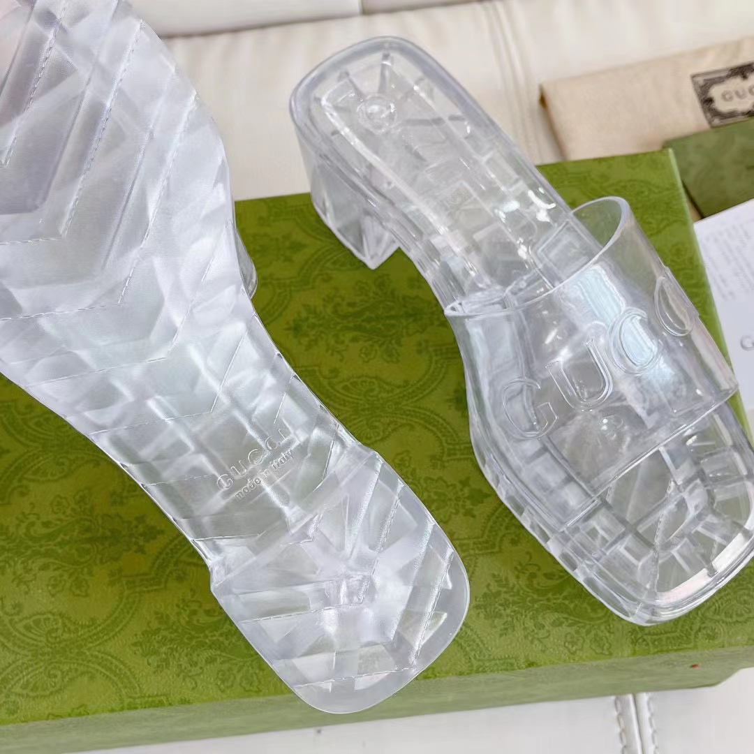 G*u*i women gg slide sandal logo white transparent rubber 6 cm heel