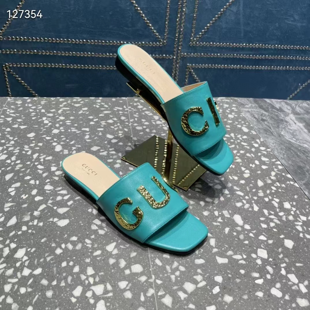 G*u*i women gg slide sandal turquoise leather textured logo star flat 1 cm heel