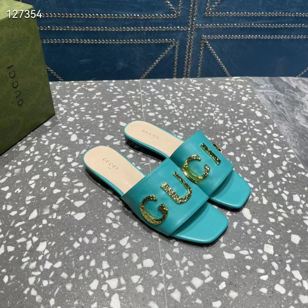 G*u*i women gg slide sandal turquoise leather textured logo star flat 1 cm heel