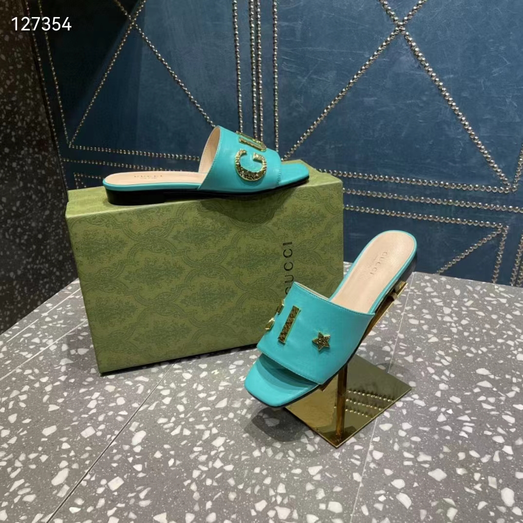 G*u*i women gg slide sandal turquoise leather textured logo star flat 1 cm heel