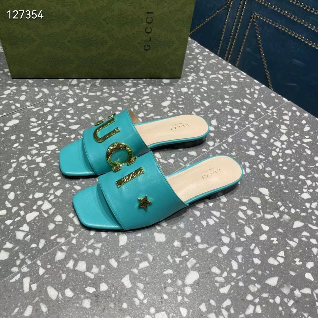 G*u*i women gg slide sandal turquoise leather textured logo star flat 1 cm heel