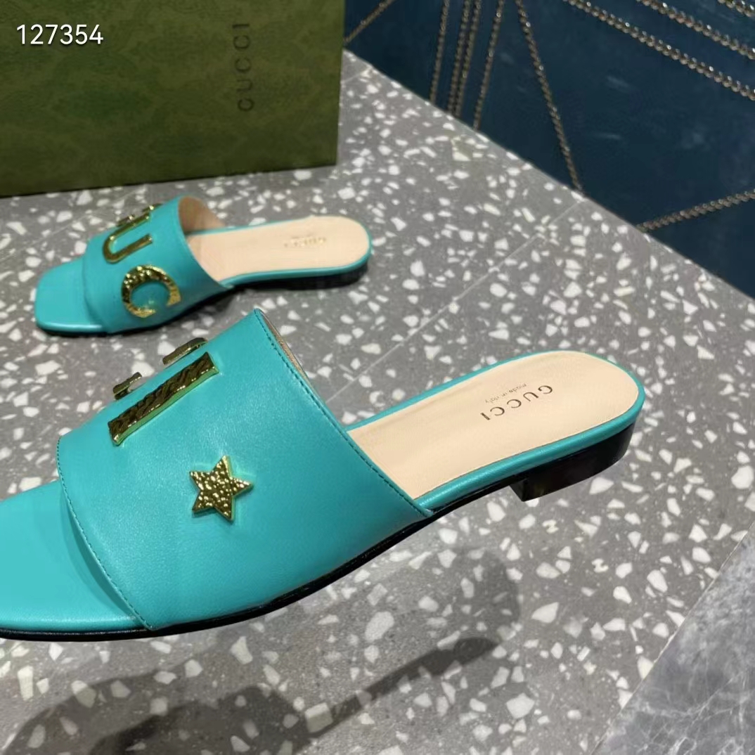 G*u*i women gg slide sandal turquoise leather textured logo star flat 1 cm heel