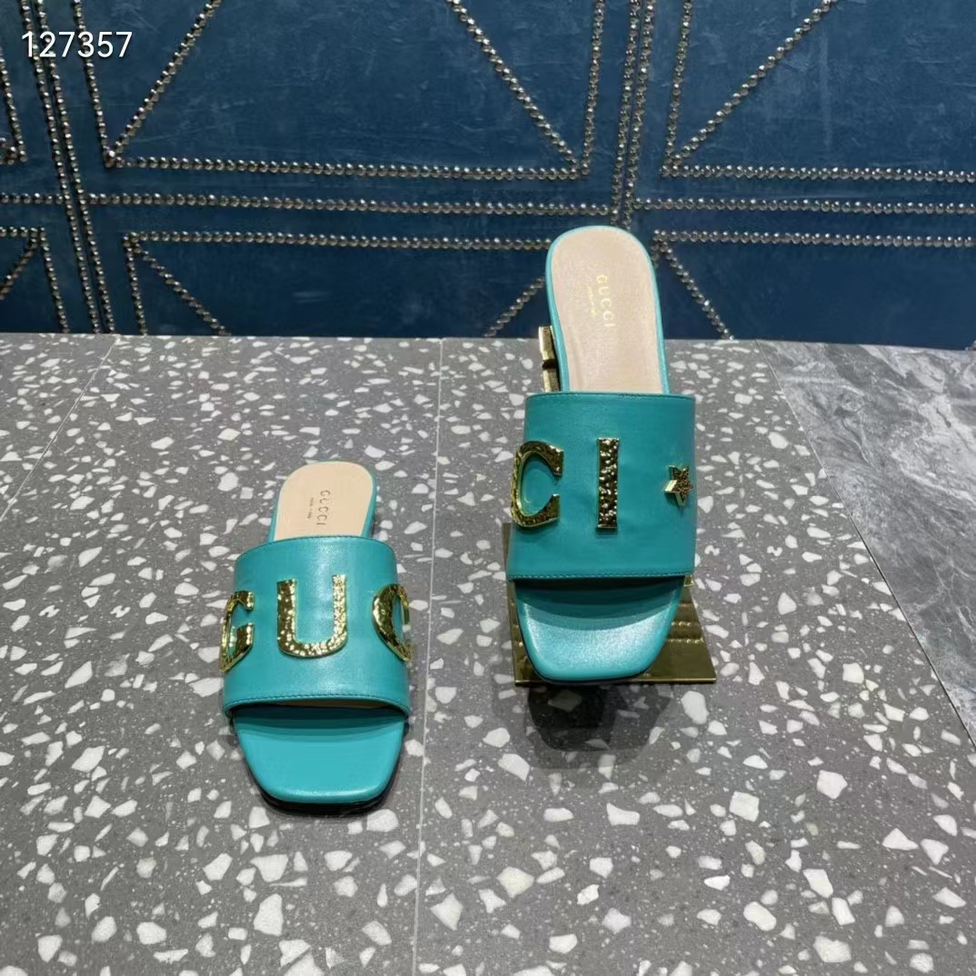 G*u*i women gg slide sandal turquoise leather textured logo star flat 1 cm heel