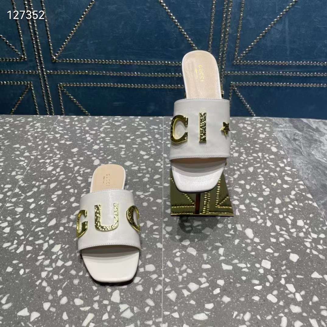 G*u*i women gg slide sandal white leather textured logo star flat 1 cm heel