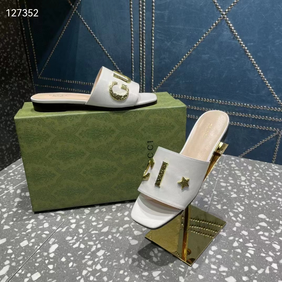 G*u*i women gg slide sandal white leather textured logo star flat 1 cm heel