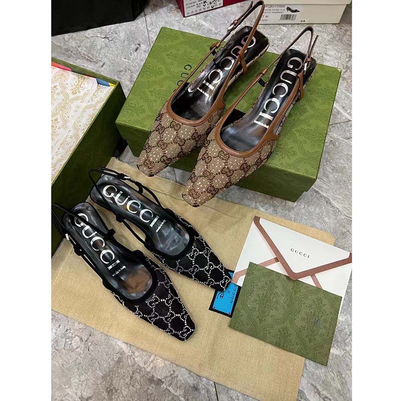 G*u*i women gg slingback pump black mesh gg crystals low 4 cm heel