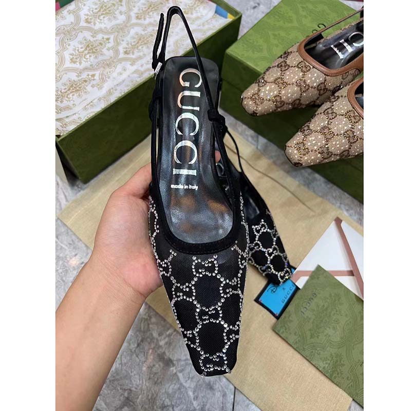 G*u*i women gg slingback pump black mesh gg crystals low 4 cm heel