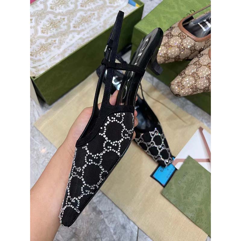 G*u*i women gg slingback pump black mesh gg crystals low 4 cm heel