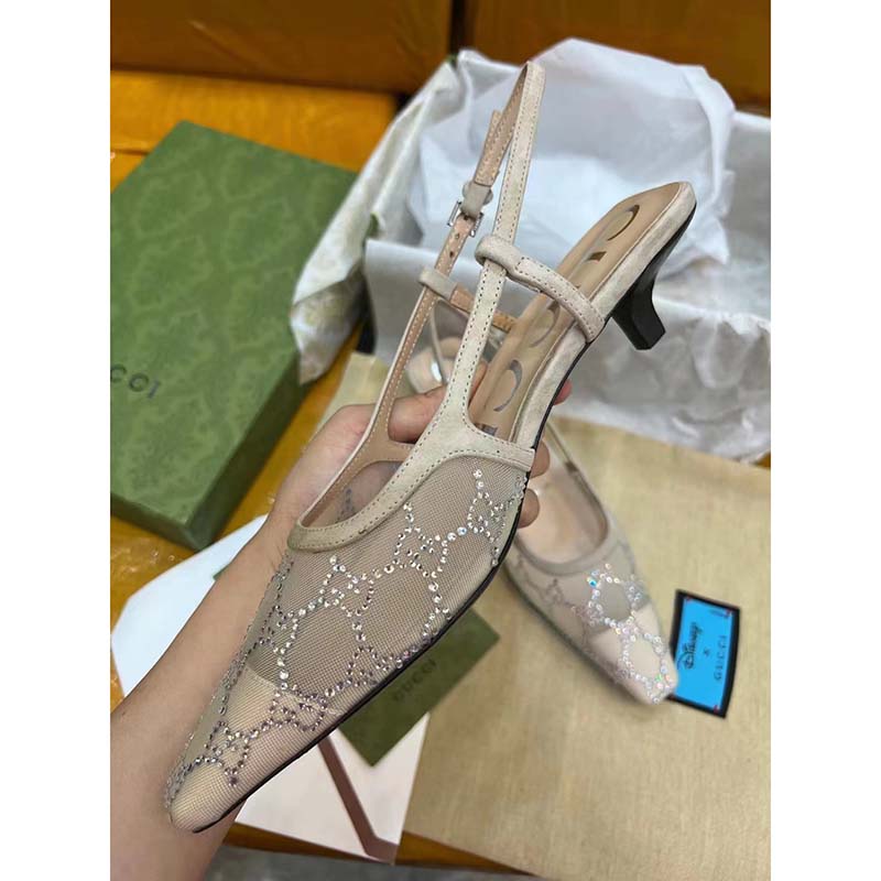 G*u*i women gg slingback pump rose beige mesh crystals kitten 4 cm heel