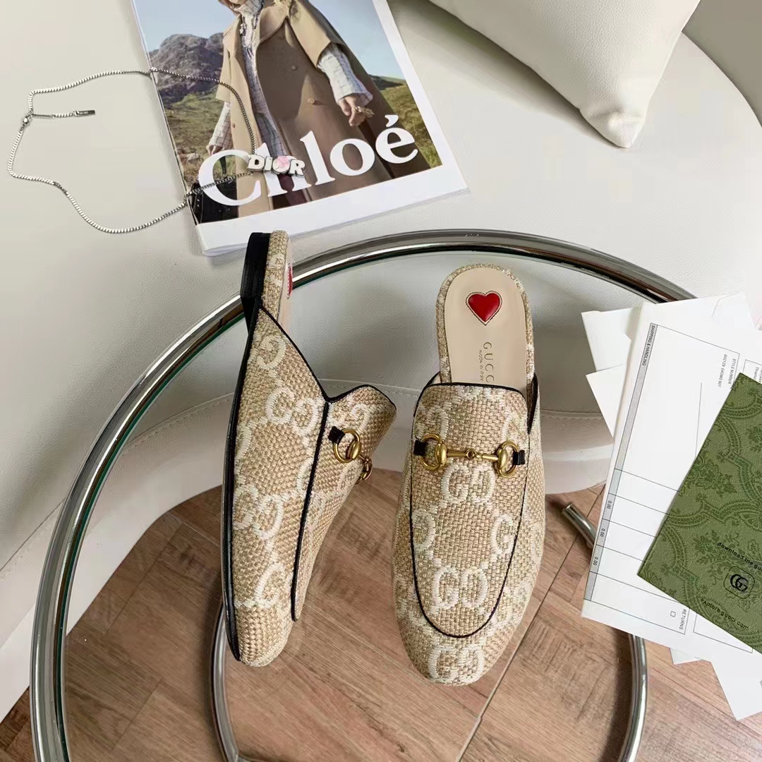 G*u*i women maxi gg princetown slipper beige white gg raffia effect fabric flat