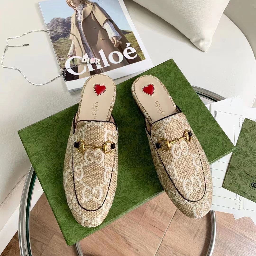 G*u*i women maxi gg princetown slipper beige white gg raffia effect fabric flat