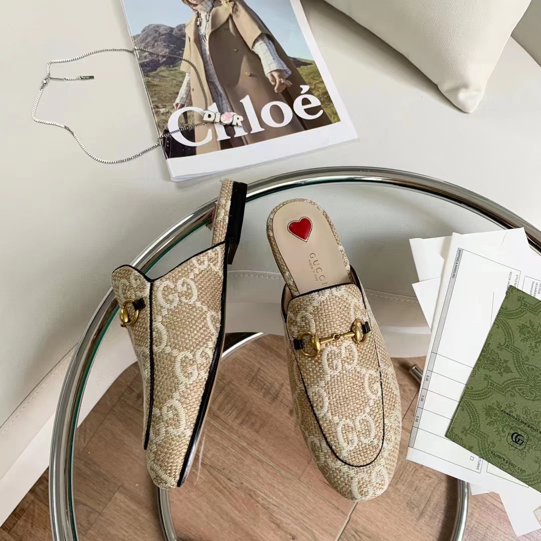 G*u*i women maxi gg princetown slipper beige white gg raffia effect fabric flat
