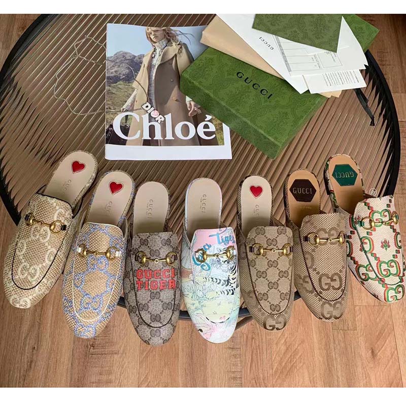 G*u*i women maxi gg princetown slipper beige white gg raffia effect fabric flat