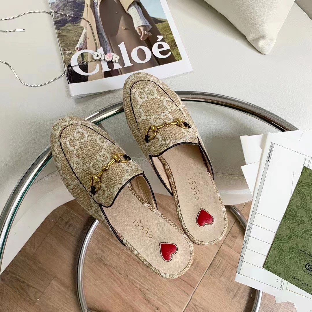 G*u*i women maxi gg princetown slipper beige white gg raffia effect fabric flat