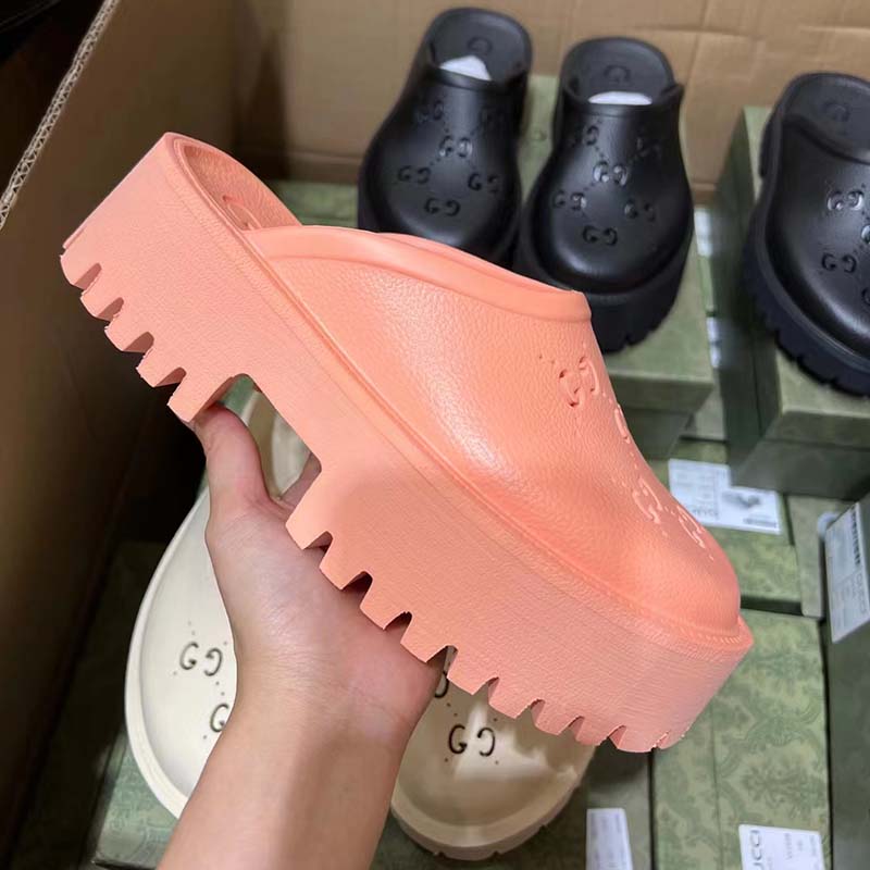 G*u*i women slip-on sandal peach perforated gg rubber mid 6 cm heel
