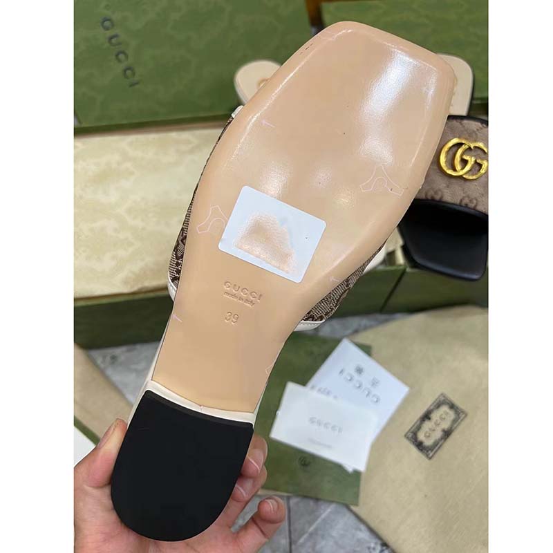 G*u*i women’s gg matelassé canvas slide sandal double g square toe leather flat
