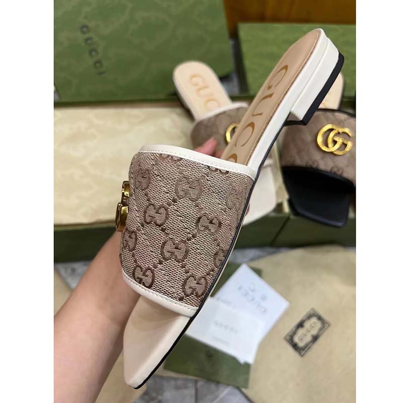 G*u*i women’s gg matelassé canvas slide sandal double g square toe leather flat
