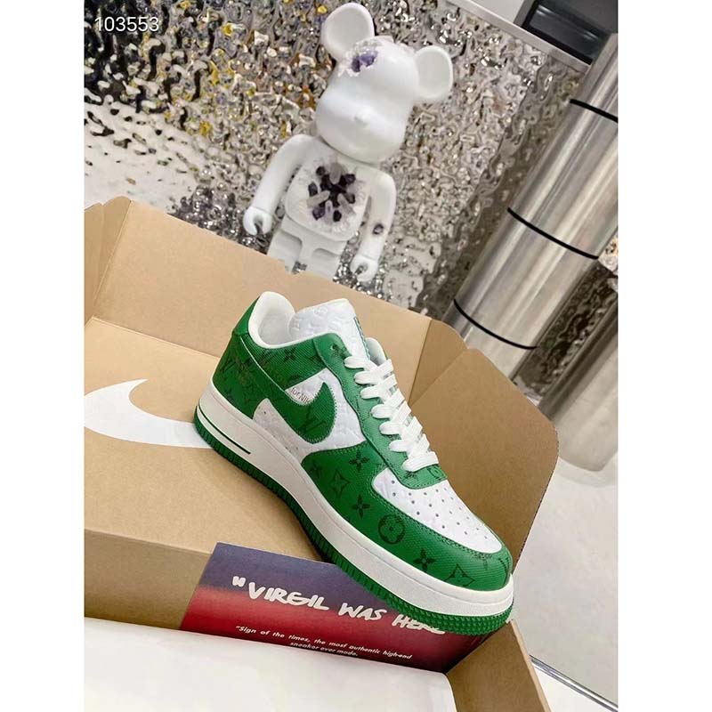 Louis Vuitton LV Unisex Nike Air Force 1 Sneaker Green Monogram Embossed Calf Leather