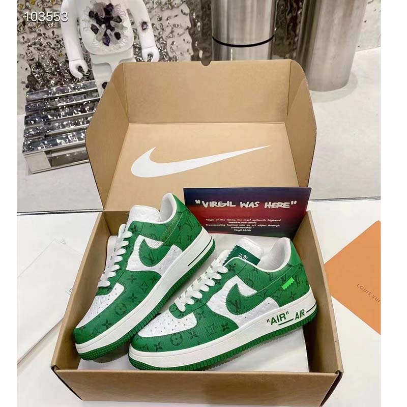 Louis Vuitton LV Unisex Nike Air Force 1 Sneaker Green Monogram Embossed Calf Leather