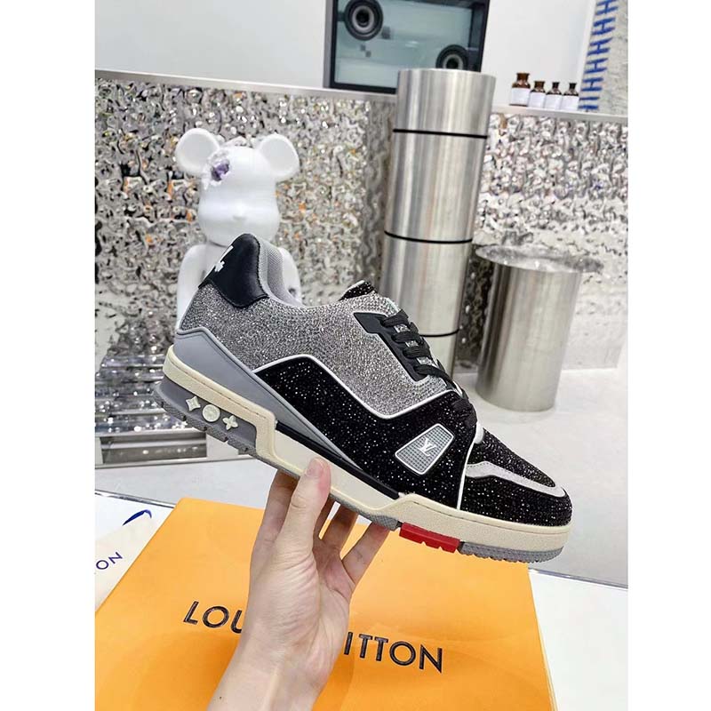 Louis Vuitton LV Unisex Trainer Sneaker Black Strass Rubber Outsole 54 Initials Signature