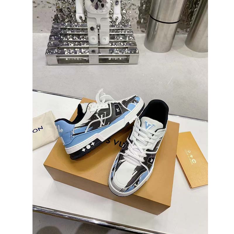 Louis Vuitton LV Unisex Trainer Sneaker Blue Printed Calf Leather Rubber Outsole