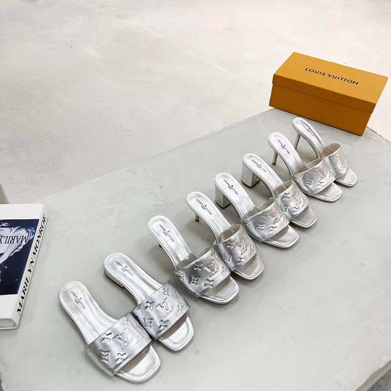 Louis Vuitton LV Women Revival Mule Silver Monogram Embossed Metallic Lambskin