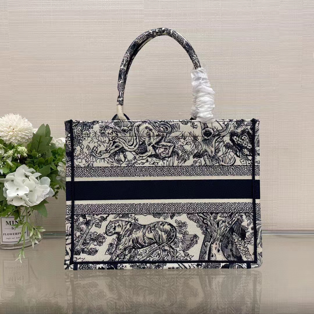 Dior Unisex CD Medium Book Tote Navy Blue Toile De Jouy Embroidery