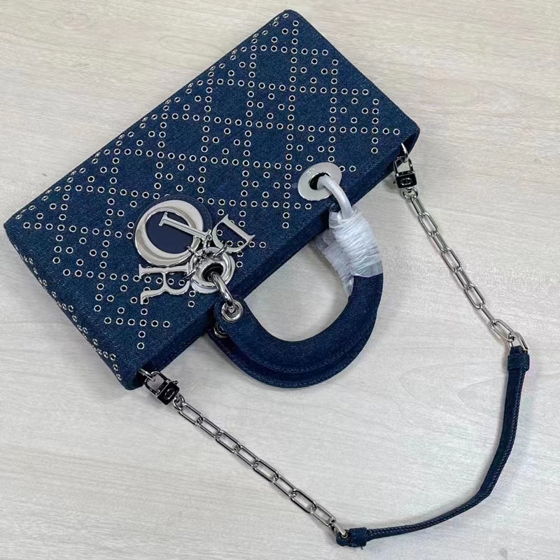 Dior Women CD Medium Lady D-Joy Bag Eyelet Blue Cannage Denim