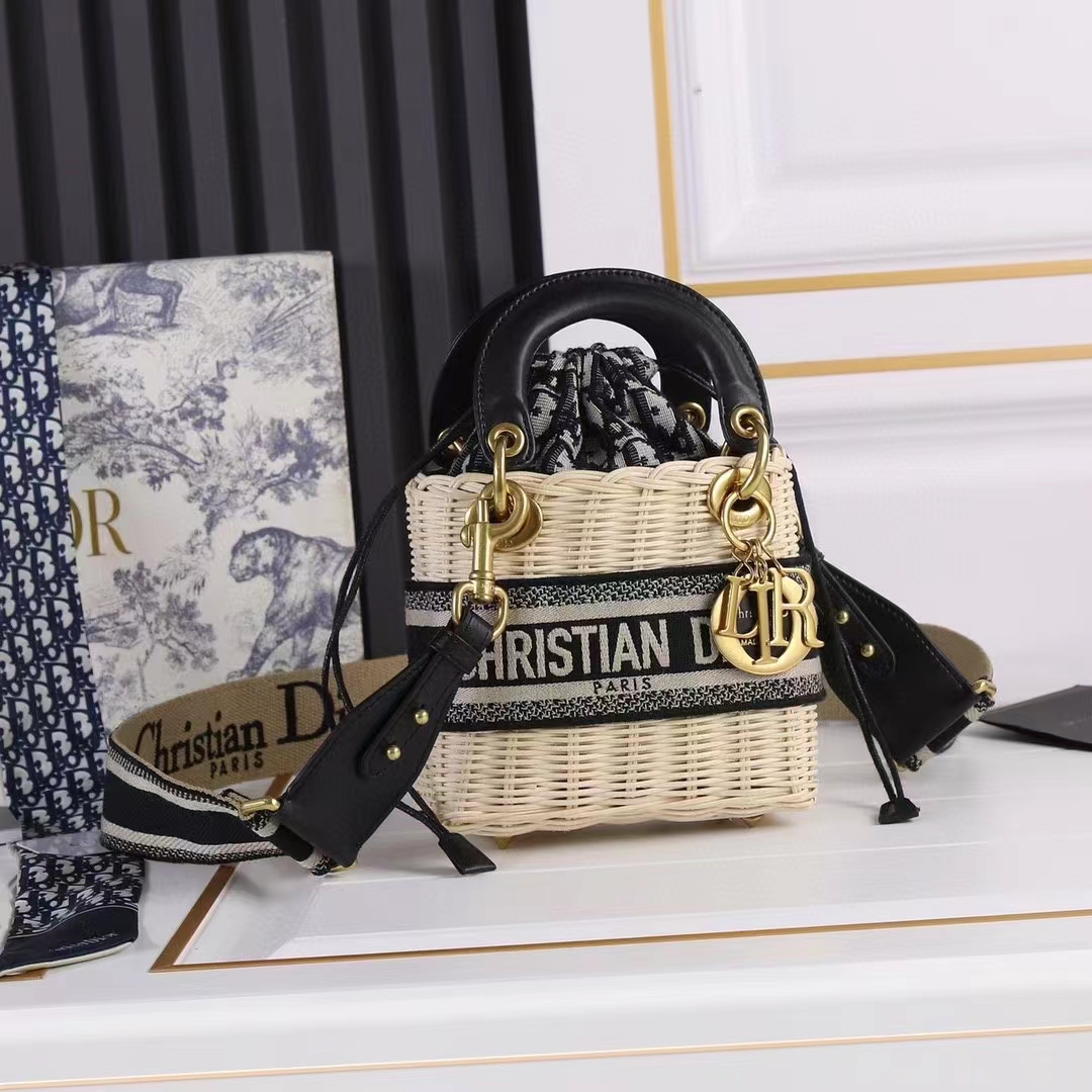 Dior Women CD Mini Lady Dior Handbag Natural Wicker Navy Blue Oblique Jacquard