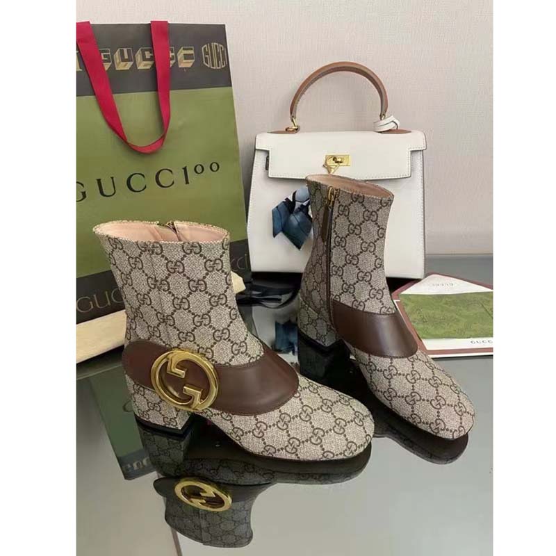 G*u*i blondie women’s ankle boot beige ebony gg supreme canvas low 5 cm heel