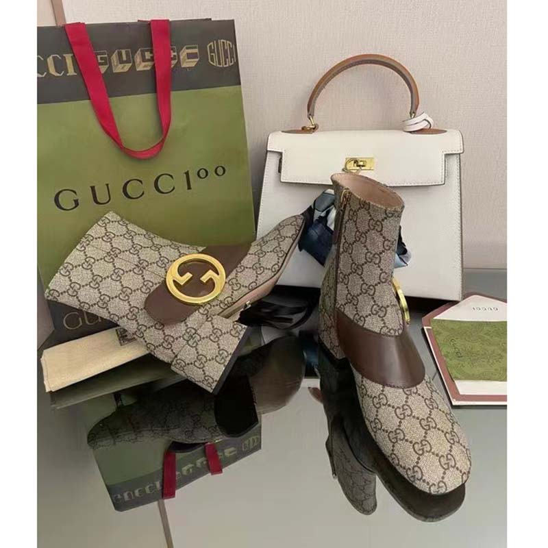 G*u*i blondie women’s ankle boot beige ebony gg supreme canvas low 5 cm heel