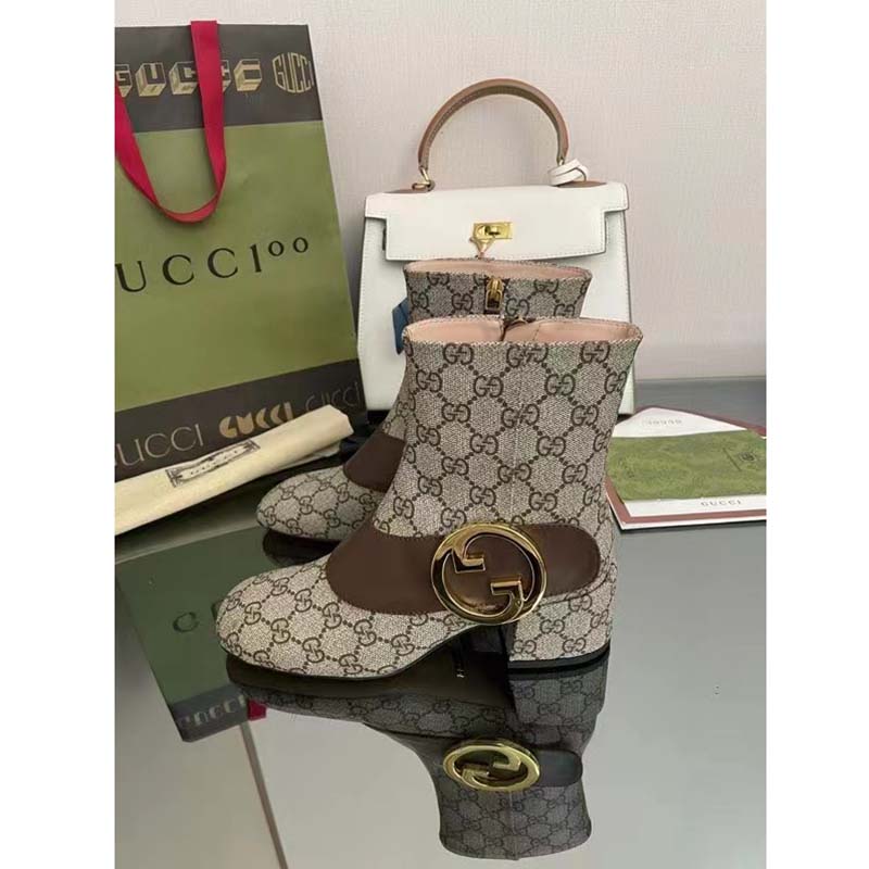G*u*i blondie women’s ankle boot beige ebony gg supreme canvas low 5 cm heel