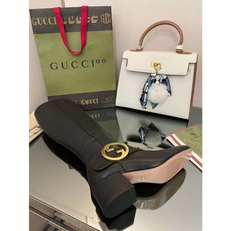 G*u*i blondie women’s blondie boot black leather round interlocking g low 5 cm heel