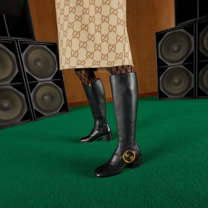 G*u*i blondie women’s blondie boot black leather round interlocking g low 5 cm heel