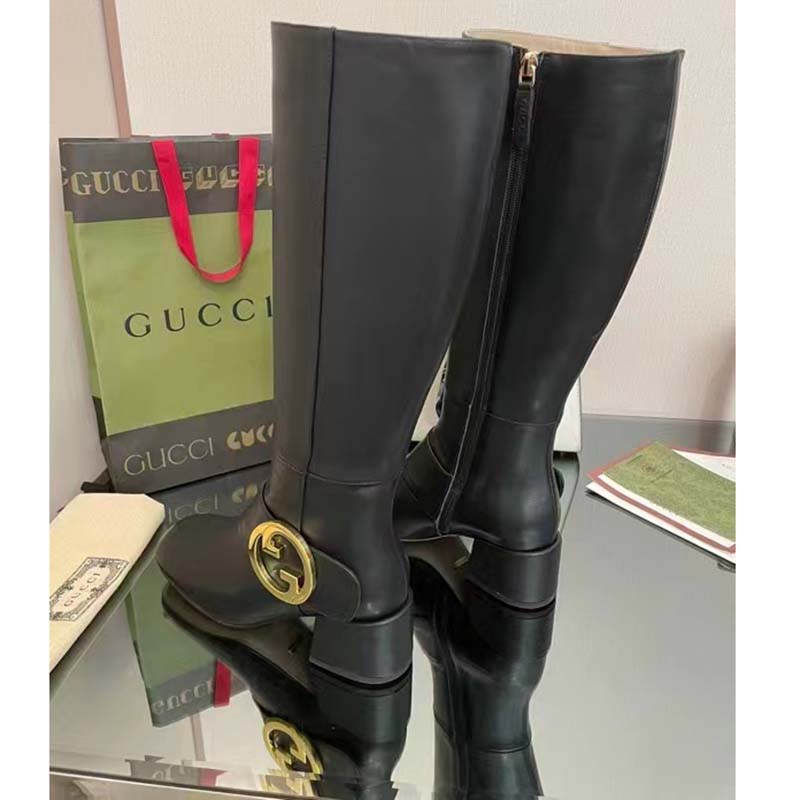 G*u*i blondie women’s blondie boot black leather round interlocking g low 5 cm heel