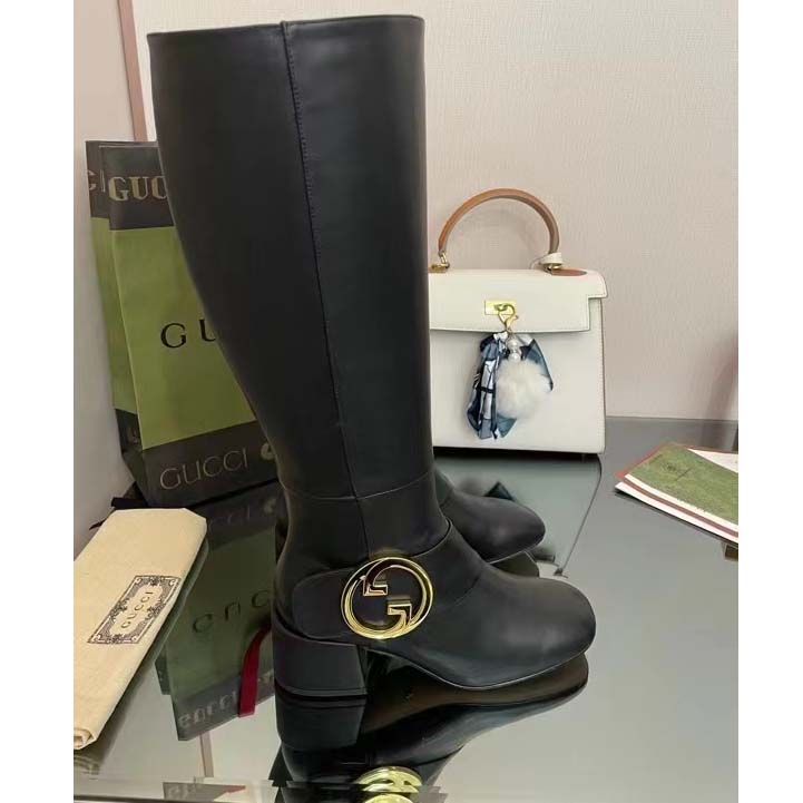 G*u*i blondie women’s blondie boot black leather round interlocking g low 5 cm heel