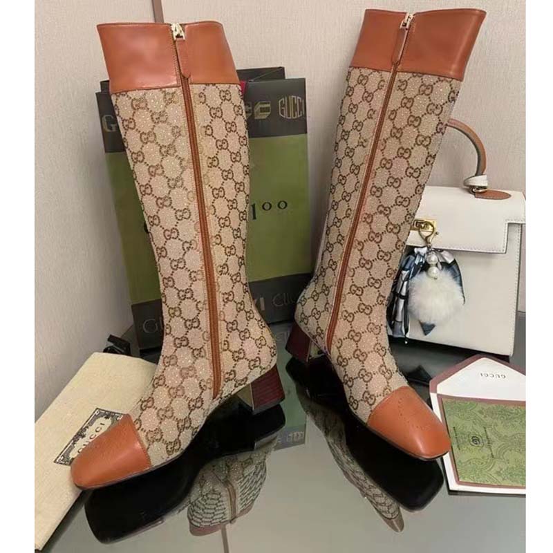 G*u*i blondie women’s boot crystals beige ebony gg canvas low 5 cm heel